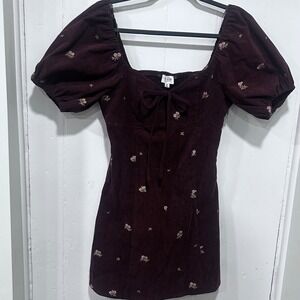 Le Lis Collection Brown Corduroy Floral Embroidered Puff Sleeve Mini Dress XS